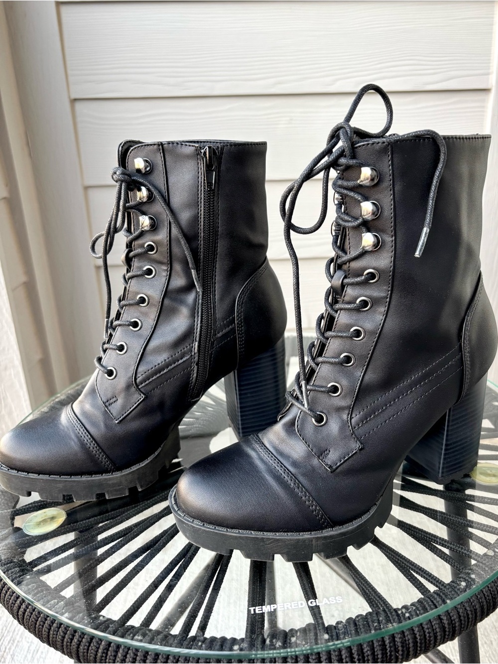 Wild Diva Black Platform Combat Boots Chunky Heel Size 5.5